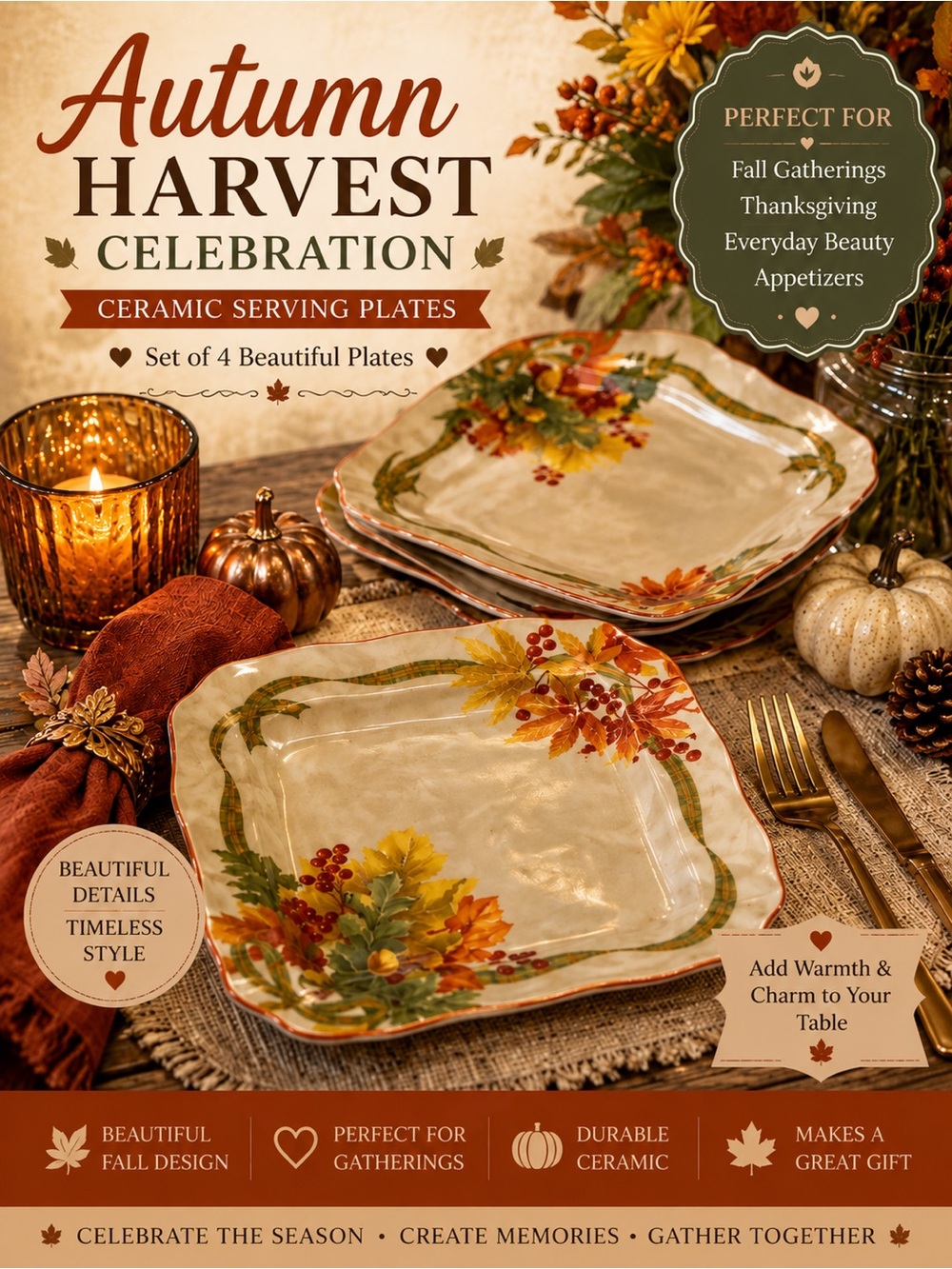 Autumn Harvest Celebration Ceramic Serving Plate - 🍂🍁 4 Plates